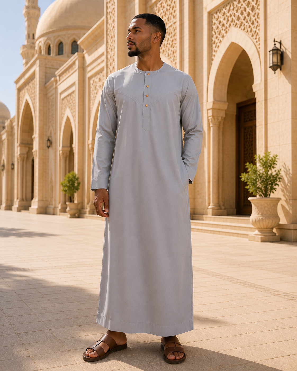 Qamis Émirati Slim Fit – Cravate amovible – Boutons dorés