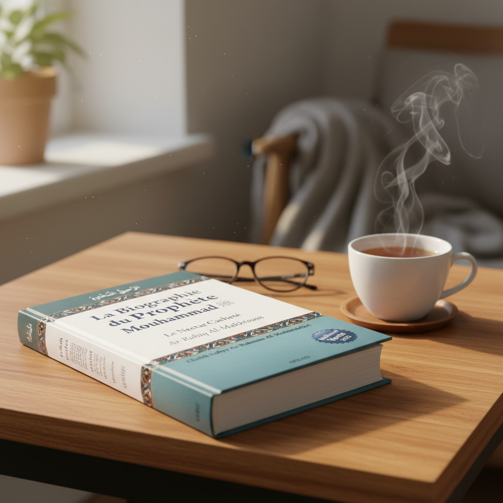 Le Nectar Cacheté sur table avec une thé chaud et des lunettes