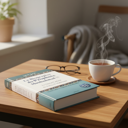 Le Nectar Cacheté sur table avec une thé chaud et des lunettes