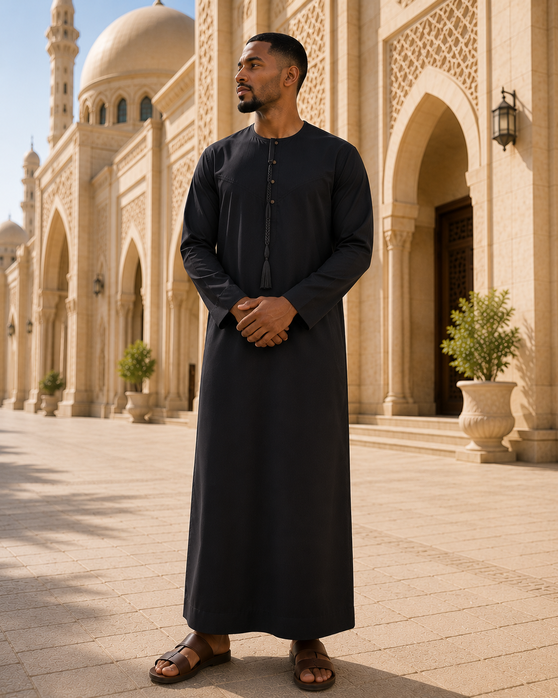 Qamis Émirati Slim Fit – Cravate amovible – Boutons dorés