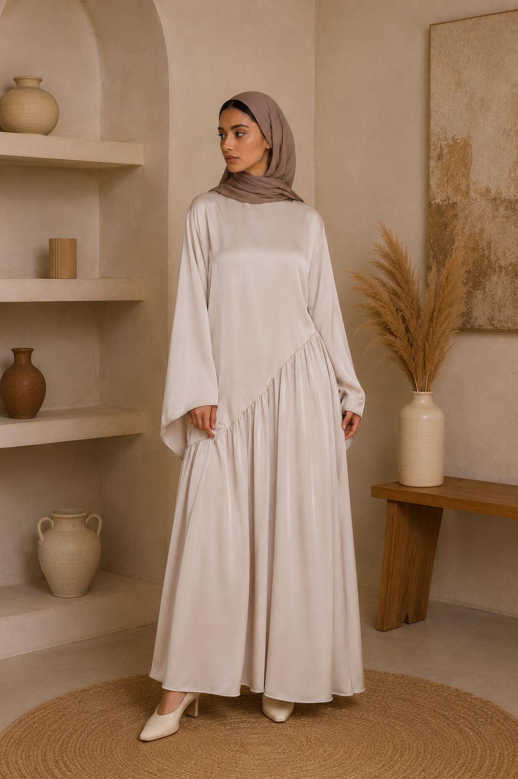 Robe Hidaya en satin asymétrique – Robe longue fluide et ample