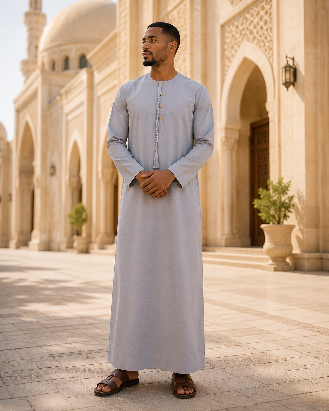 Qamis Émirati Slim Fit – Cravate amovible – Boutons dorés