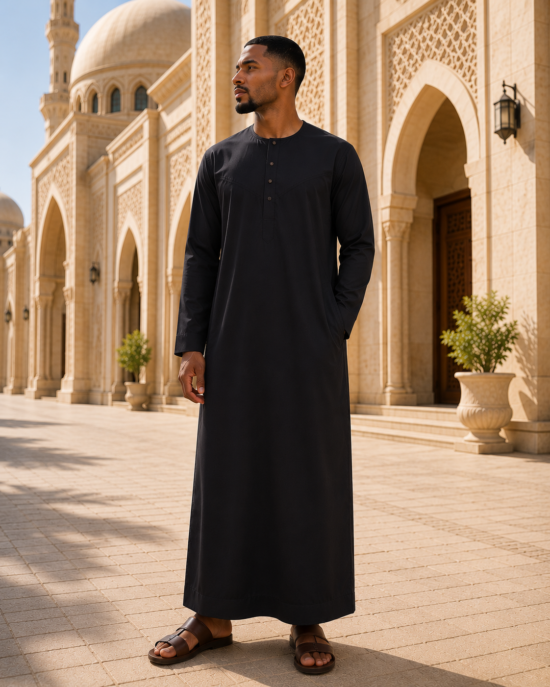 Qamis Émirati Slim Fit – Cravate amovible – Boutons dorés