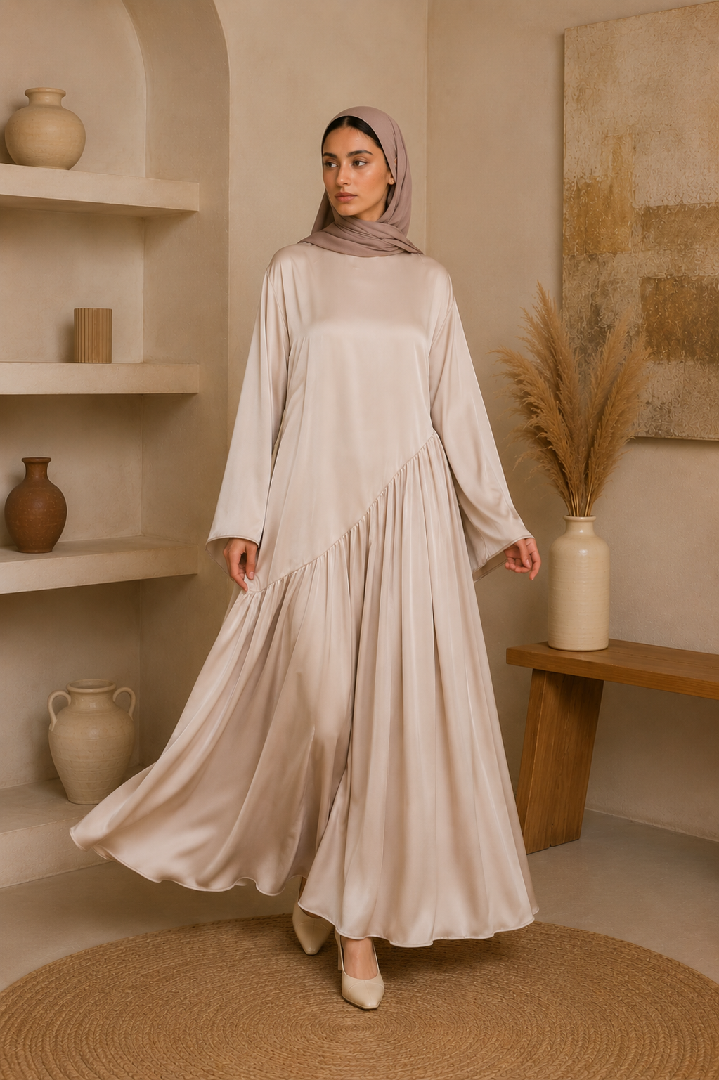 Robe Hidaya en satin asymétrique – Robe longue fluide et ample